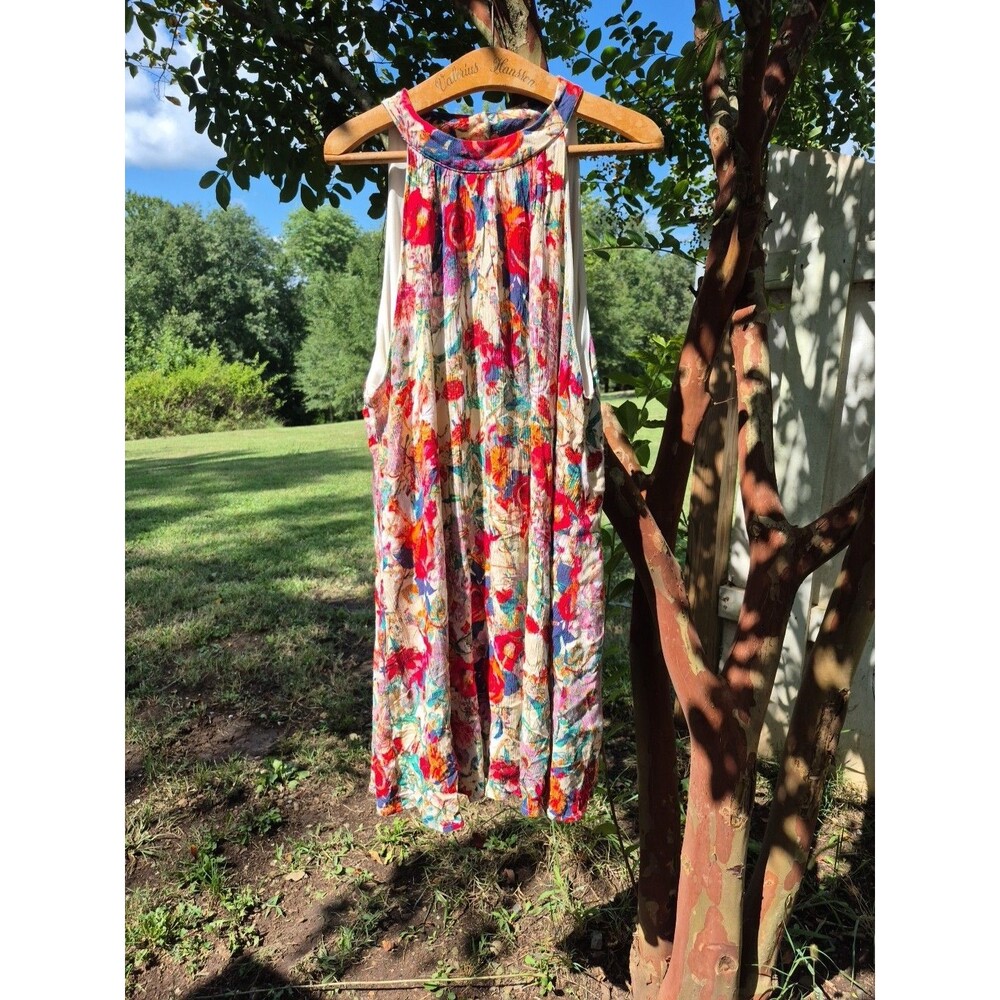 Entro Womens Colorful Floral Size L Halter 30" Flowy Mini Babydoll Dress